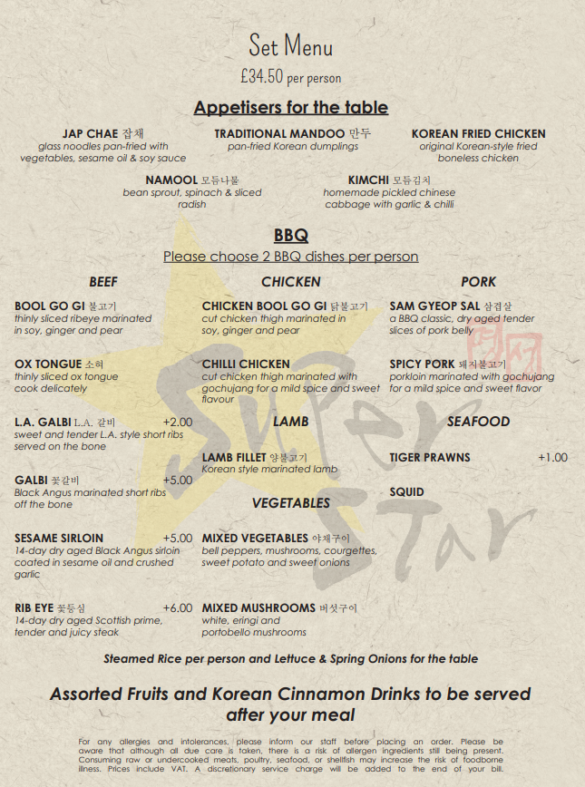 Superstar k cheap menu